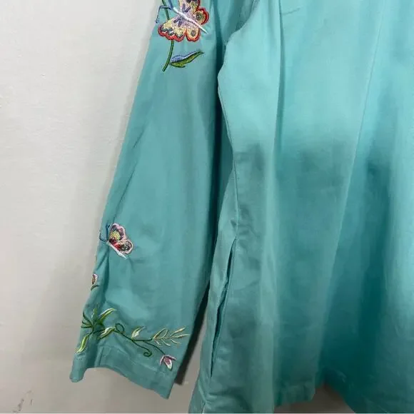 Quacker Factory Embroidered Mandarin Collar Stretch Jacket Turquoise Aqua Size M - Picture 13 of 14